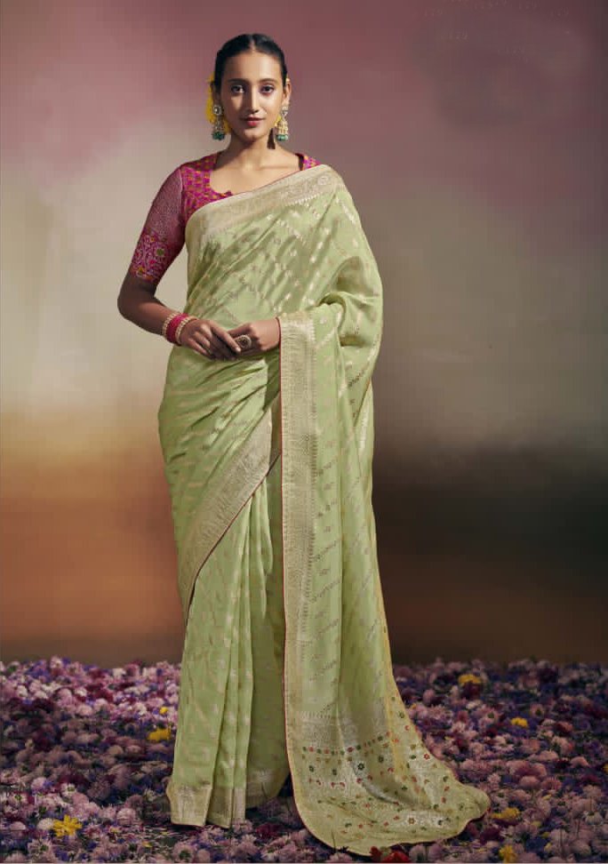 Classy Green and Pink colored Designer Saree - Rent