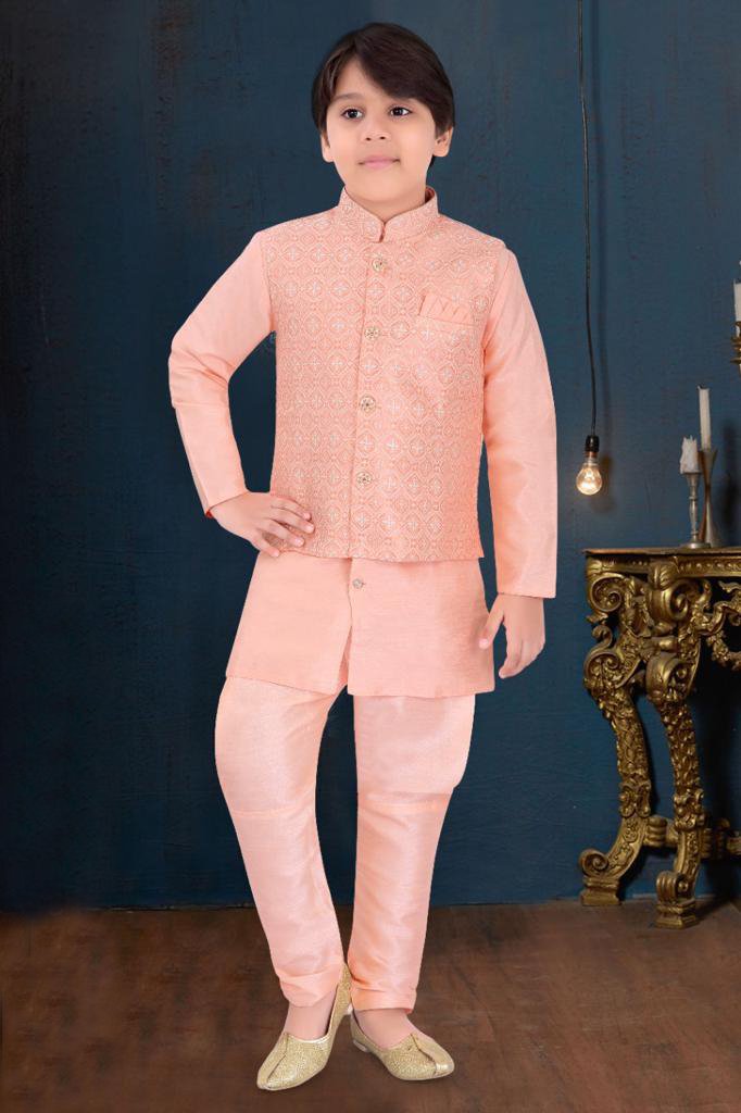 Peach colored Kids embroidered Kurta set with Nehru jacket- Rent