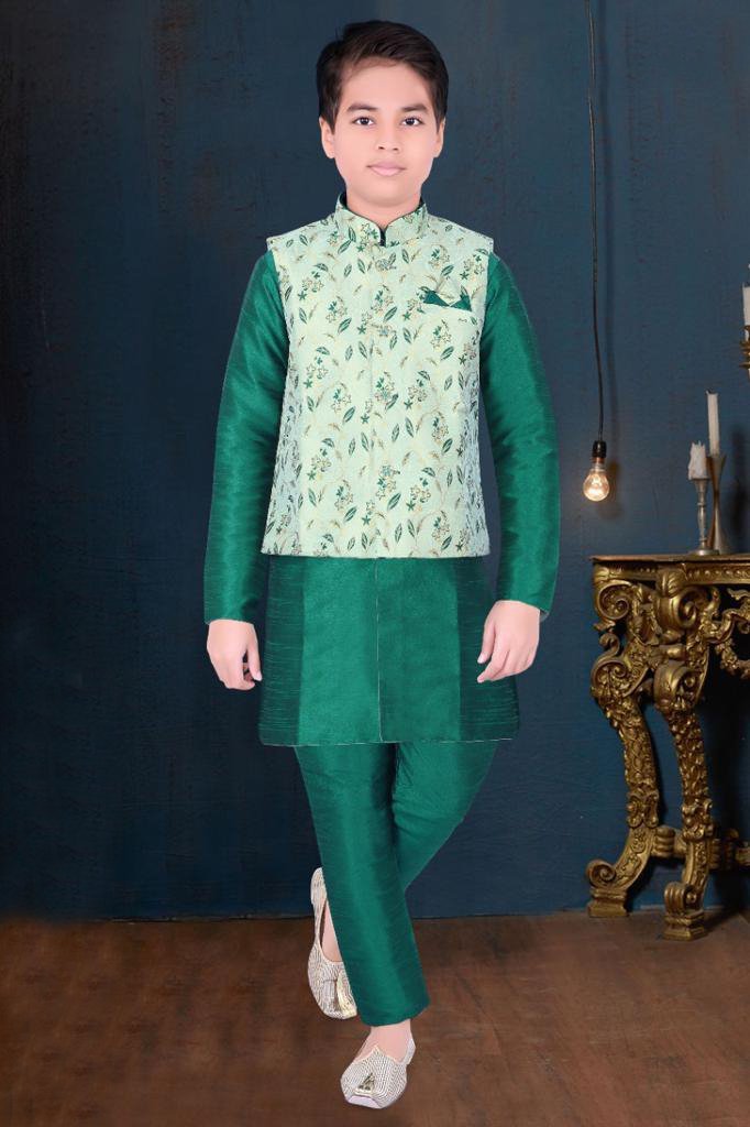 Dark green Kids embroidered Kurta set with Nehru Jacket - Rent