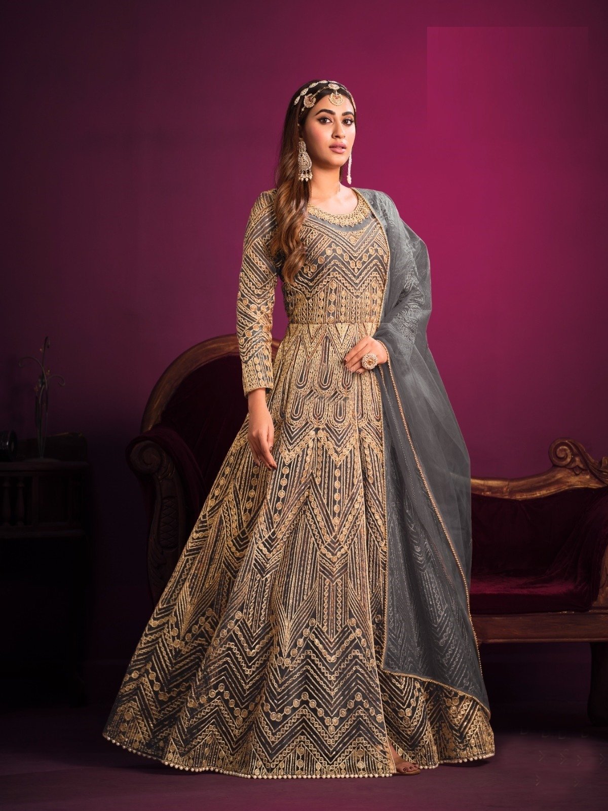 Beautiful Anarkali Chikan Seqvens Gown With Dupatta