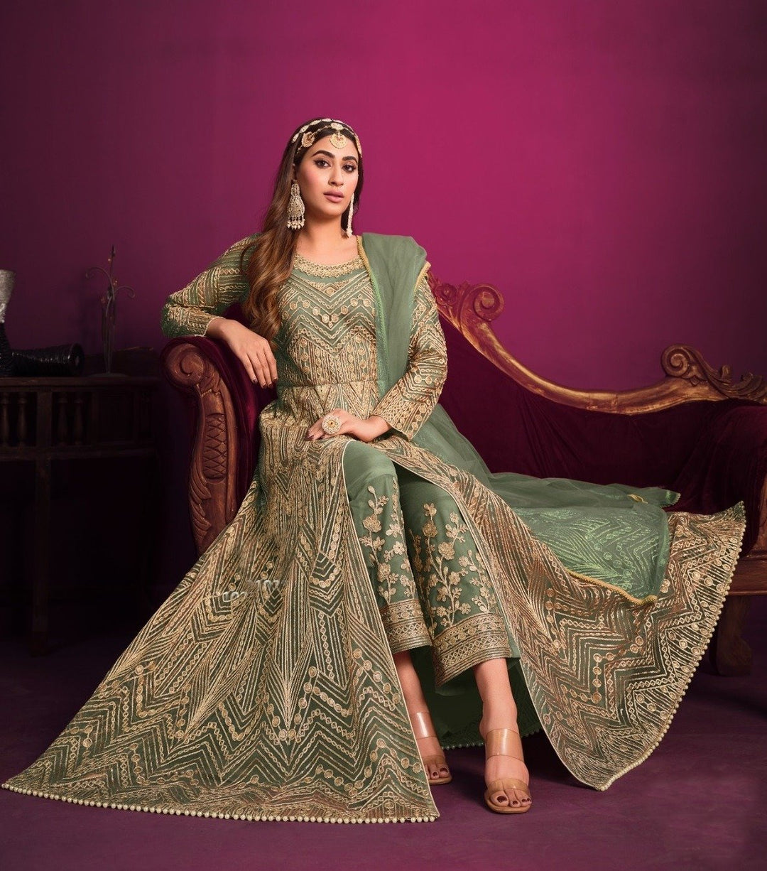Timeless heavy Embroidered Anarkali Set with Net Dupatta- Rent