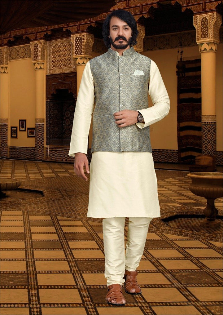 Classy Printed Kurta set with Nehru Jacket- Rent
