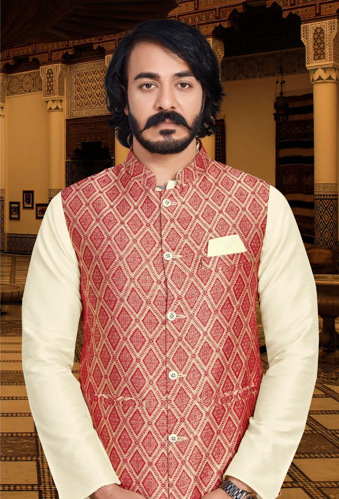 Classy Printed Kurta set with Nehru Jacket- Rent