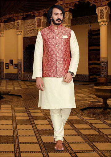 Classy Printed Kurta set with Nehru Jacket- Rent