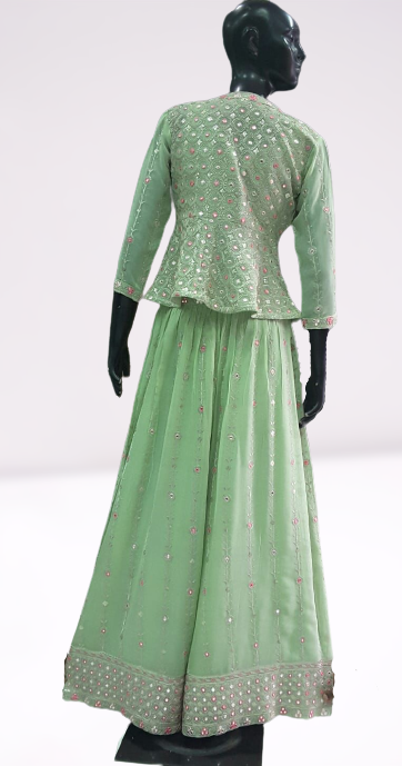 Green colored Beautifully designed party Outfit - Rent