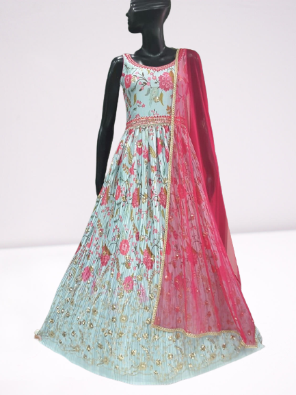 Sky-Blue colored Printed designer Lehenga Set - Rent