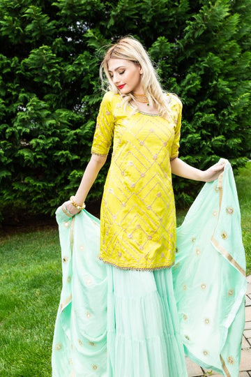 Yellow and Green Embroidery Silk Sharara - Clearance