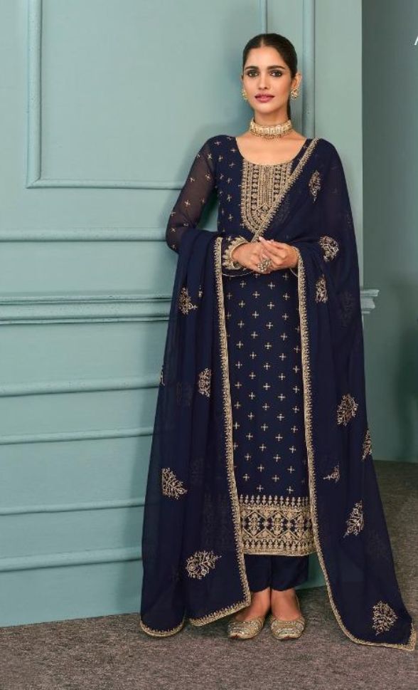 Dark Blue Embroidered Georgette Partywear Anarkali Dress - Rent