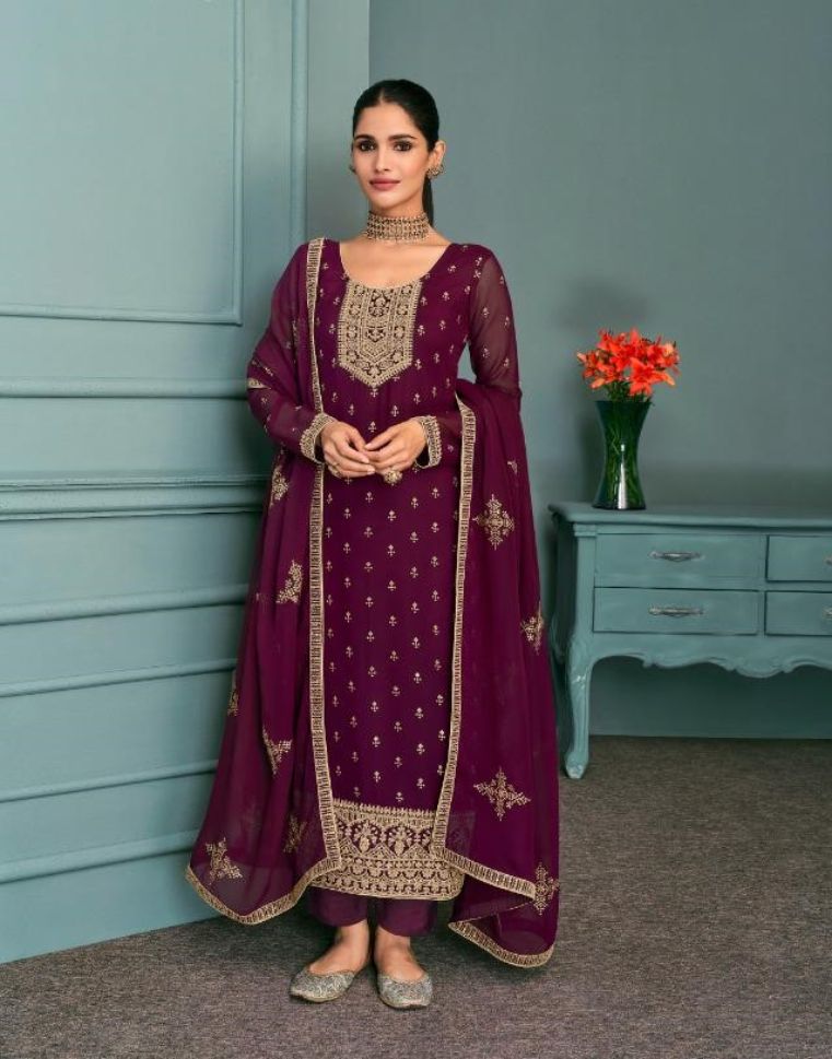 Purple Color Embroidered Georgette Partywear Anarkali Dress - Rent