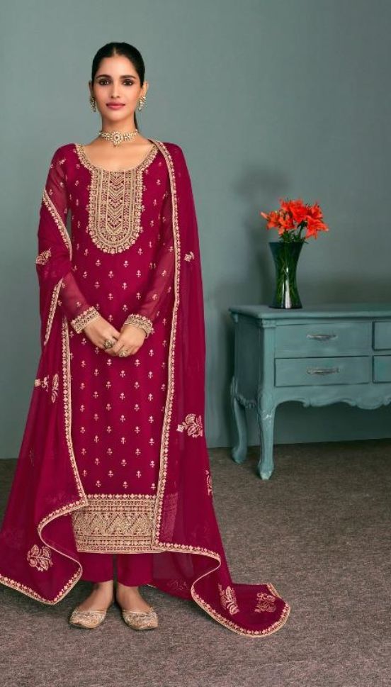 Red Color Embroidered Georgette Partywear Anarkali Dress - Rent