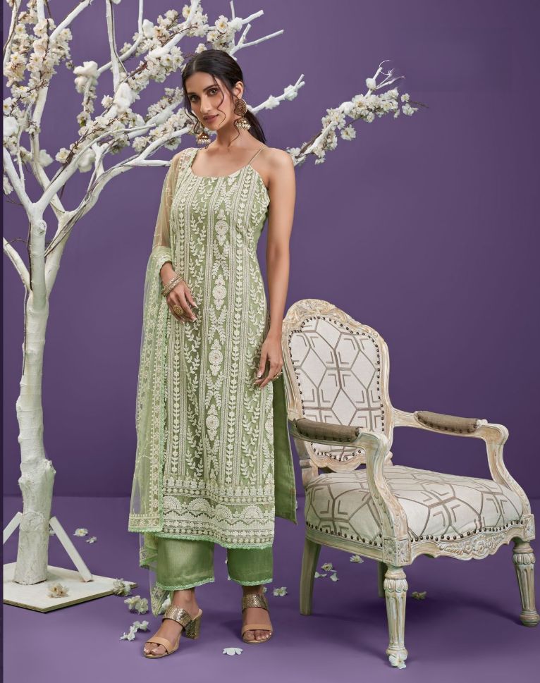 Light Green Embroidered Net Salwar Suit - Rent