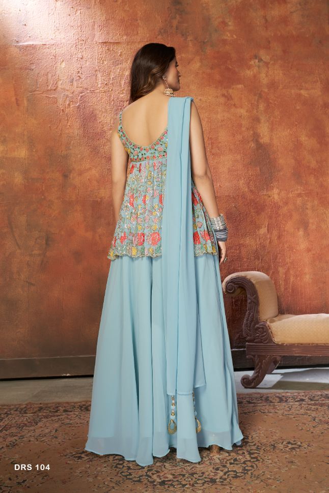 Light Blue Georgette Floral Embroidered Palazzo Suit - Rent