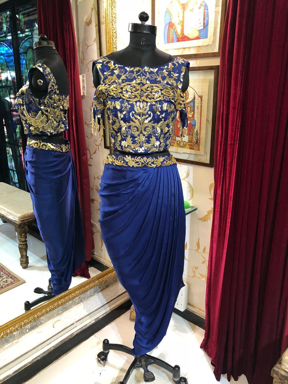 Rent Blue Dhoti Style Crop Top & Skirt - Glamourental