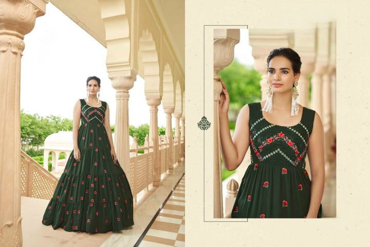 Olive Green Multi Embroidered Flared Anarkali Gown - Rent