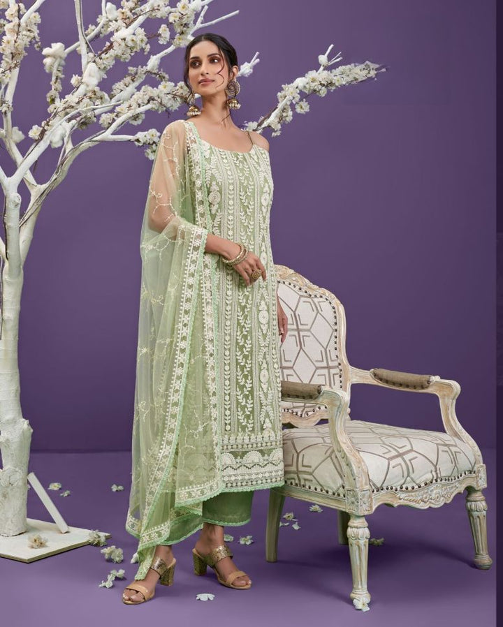 Light Green Embroidered Net Salwar Suit - Rent