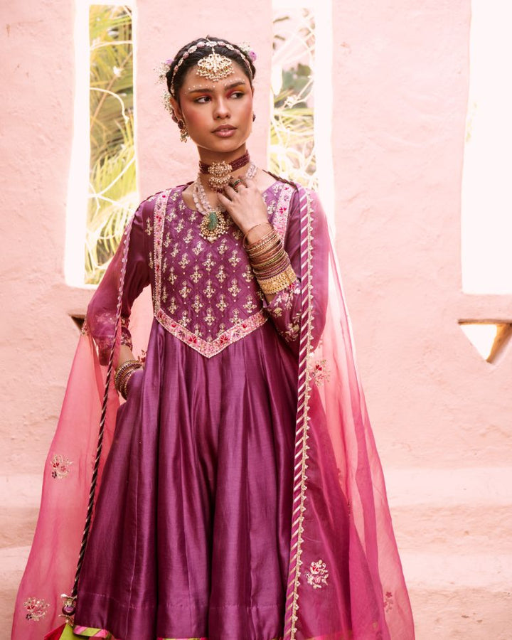 House Of Dasmaya's Purple Silk Chanderi Gharara Set - Buy