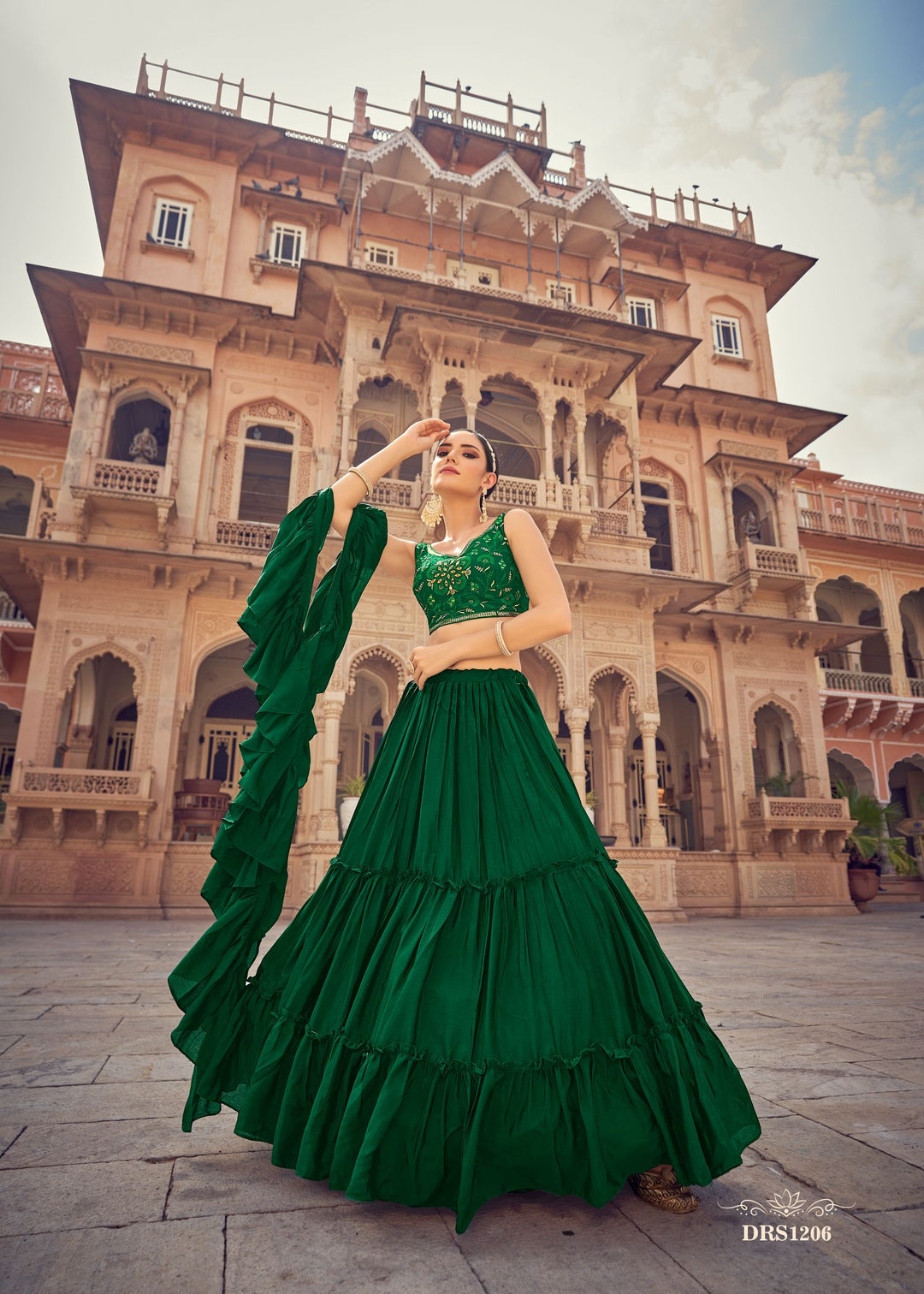 Green colored beautifully designed Lehenga Choli - Rent