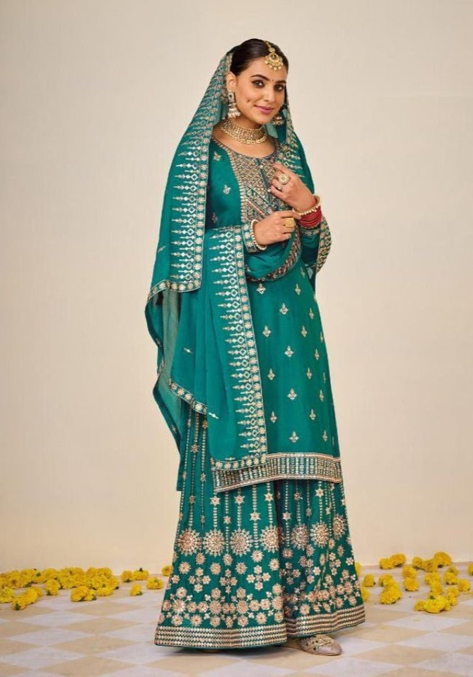 Green Karwa Chauth Designer Sharara - Rent