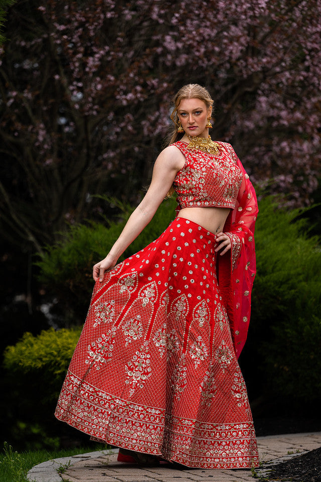 Beautiful Red colored heavy embroidery Lehenga Set - Rent