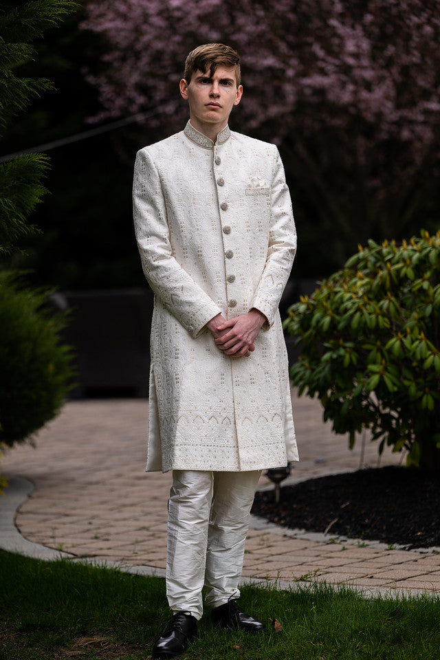 Stylish and Classy White Printed sherwani set - Rent