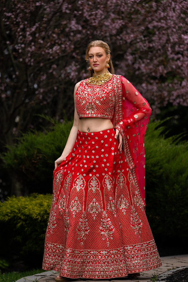 Beautiful Red colored heavy embroidery Lehenga Set - Rent