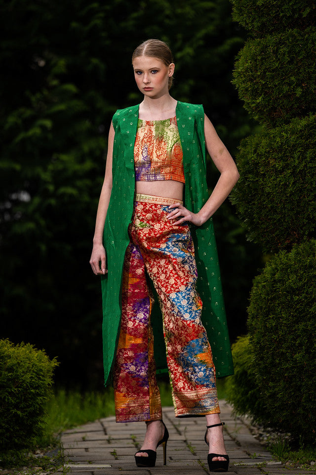 Elegant Multicolored  crop Top and Pant with Green jacket - Rent