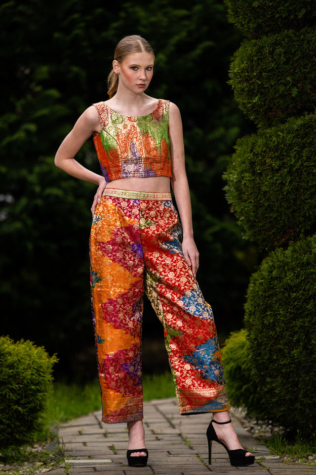 Elegant Multicolored  crop Top and Pant with Green jacket - Rent