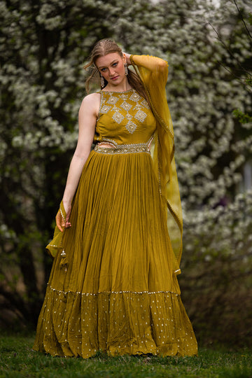 Beautiful Lemon Green Colored Anarkali Set - Rent