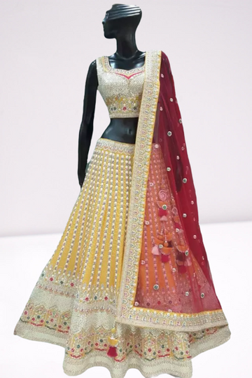 Yellow colored Beautifully designed Lehenga Set - Rent