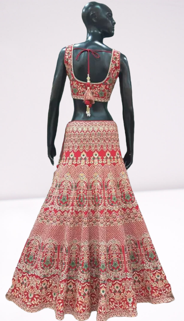 Red colored Beautifully designed heavy embroidery Lehenga Set - Rent