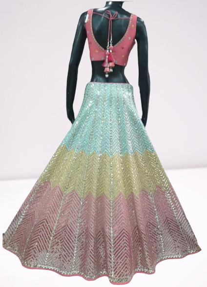 Bridal Pink And Green Heavy Embroidered Designer Lehenga Set - LEH-038
