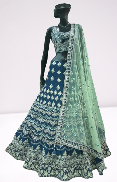 Navy Blue colored heavy embroidery Work Lehenga - Rent