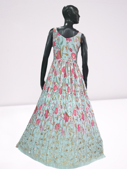 Sky-Blue colored Printed designer Lehenga Set - Rent