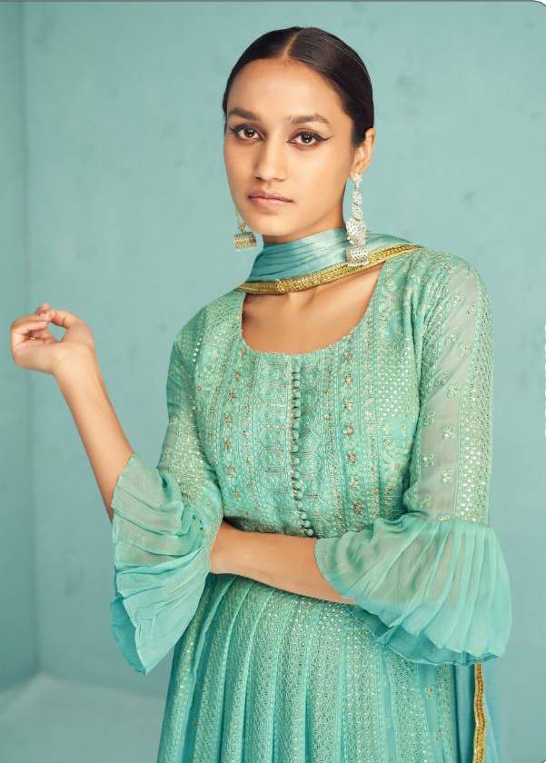 Classy Sky Blue Colored Kurta plazoo - Rent