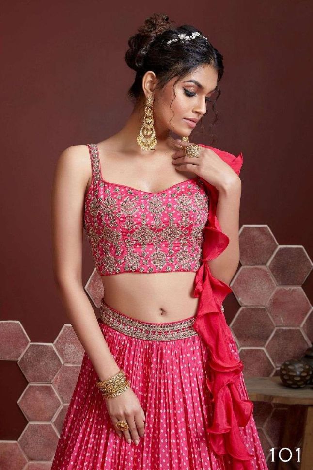 Pretty Pink Digital Print Chinnon Silk  Lehenga Choli - Rent