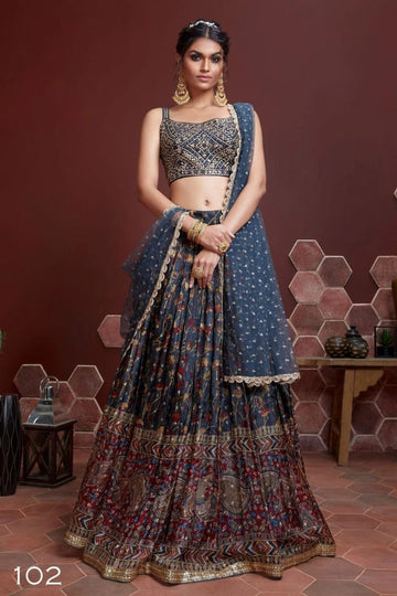 Blue Crepe Silk Floral Printed Lehenga - Rent