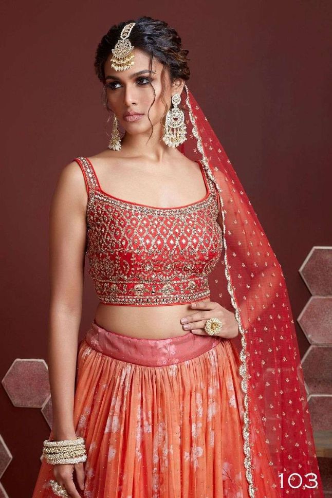 Orange Embroidery Organza Silk Party Wear Lehenga Choli - Rent