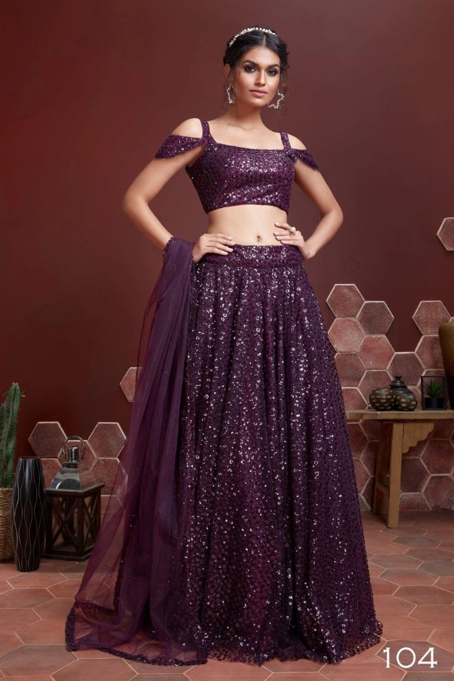 Purple Net Sequins Worked Lehenga - Rent