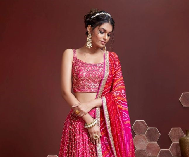 Pink  Chiffon Georgette Lehenga - Rent