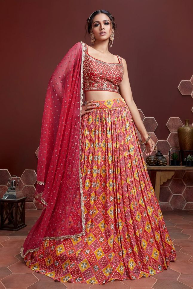 Red Color Embroidered Chinnon Lehenga - Rent