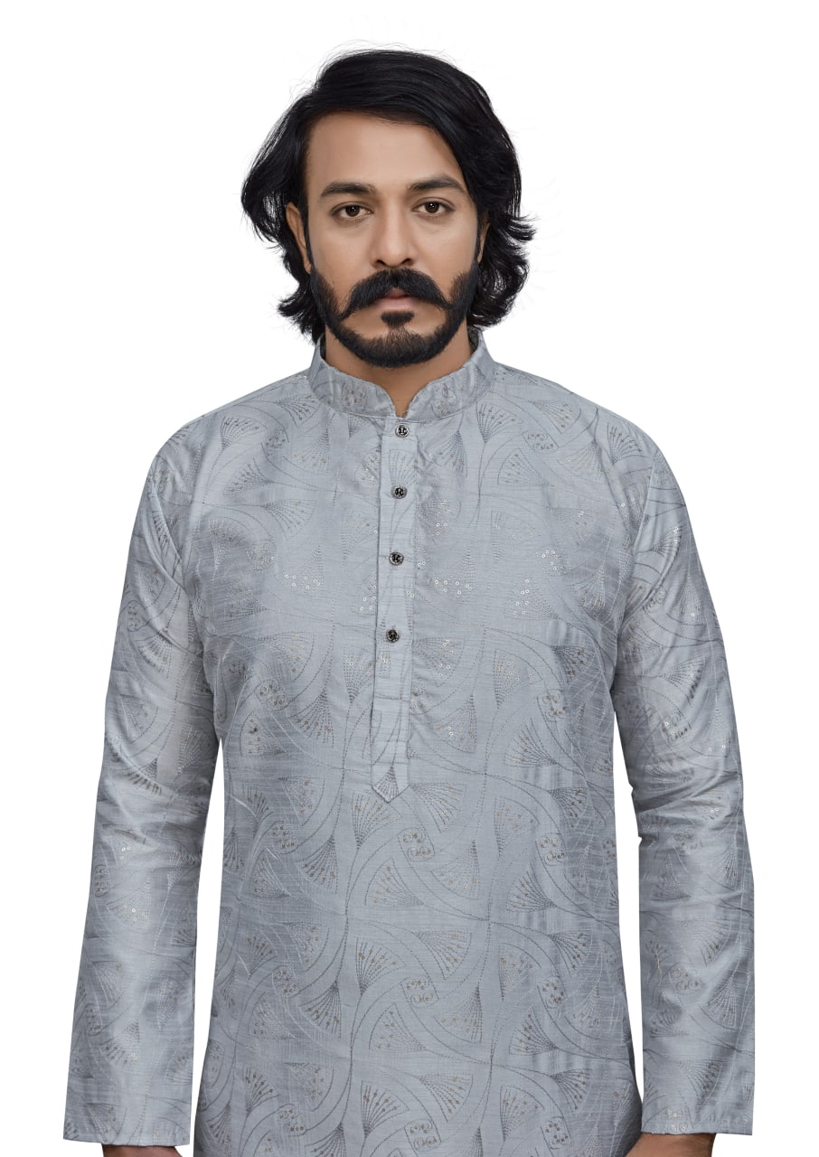 Grey Color Silk Kurta - Rent