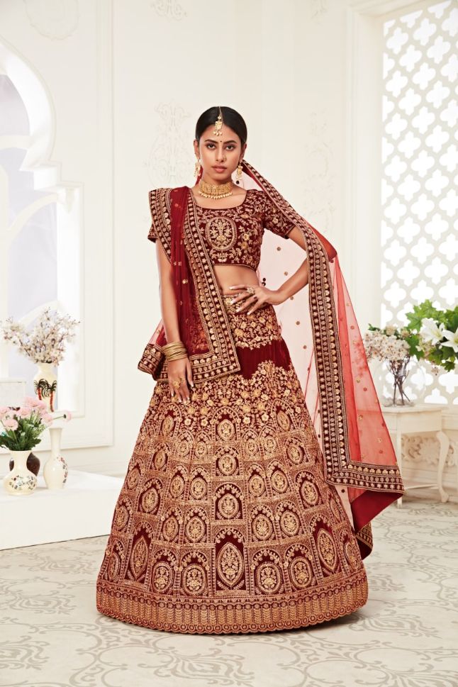 Maroon Color Silk Sequins Embroidery Lehenga - Rent