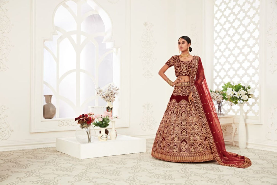 Maroon Color Silk Sequins Embroidery Lehenga - Rent