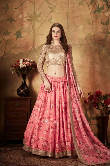 Pink and Beige Color Organza Zari Lehenga - Rent