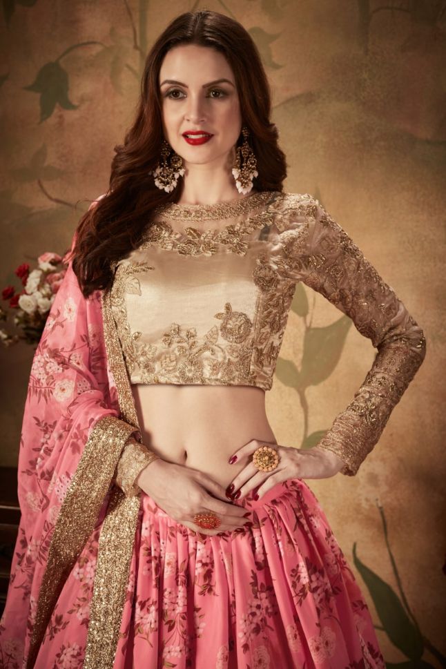 Pink and Beige Color Organza Zari Lehenga - Rent