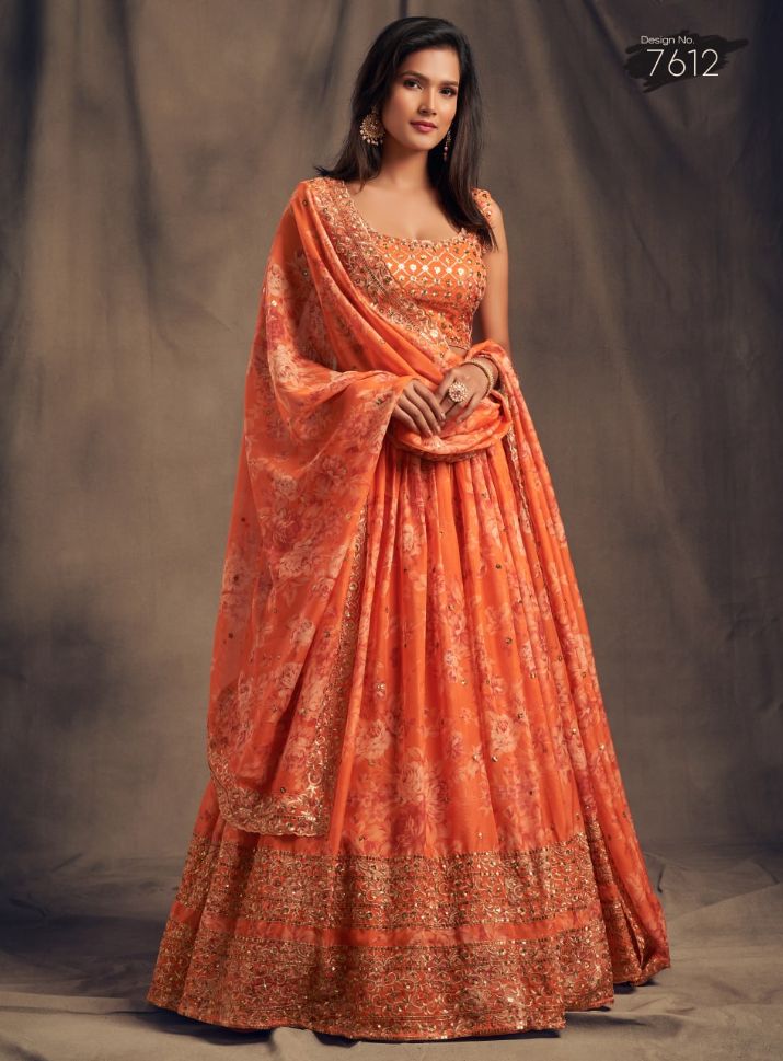Orange Color Sequins Zari Embroidery Lehenga + Stone Necklace Set + Antique Gold Matka Potli - Rent