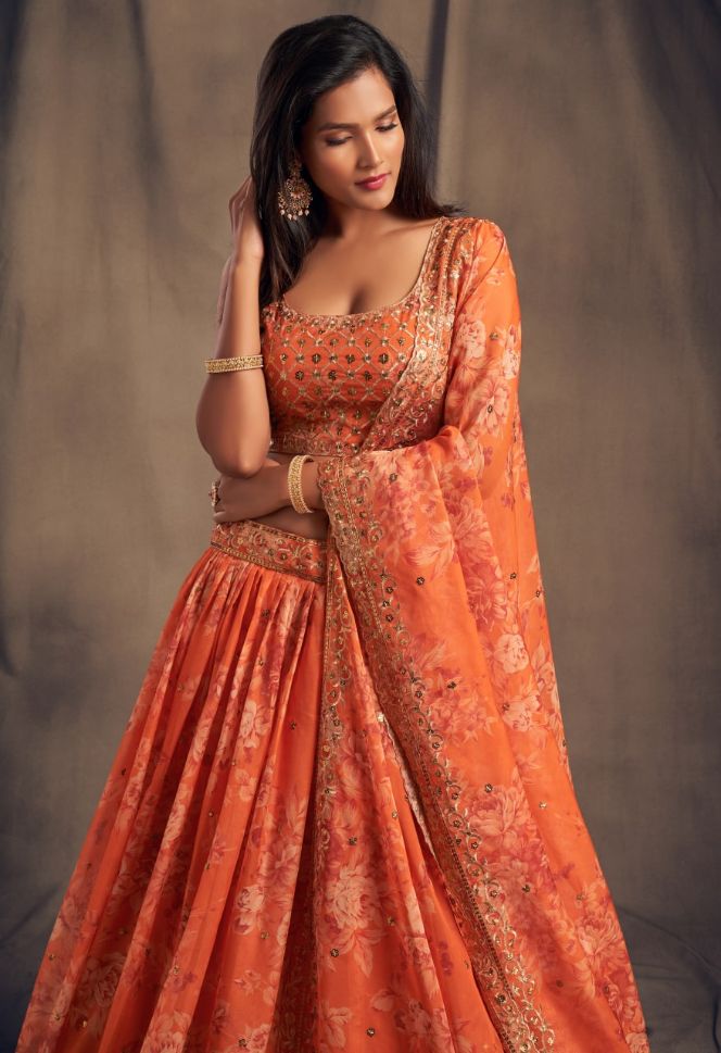 Orange Color Sequins Zari Embroidery Lehenga - Rent