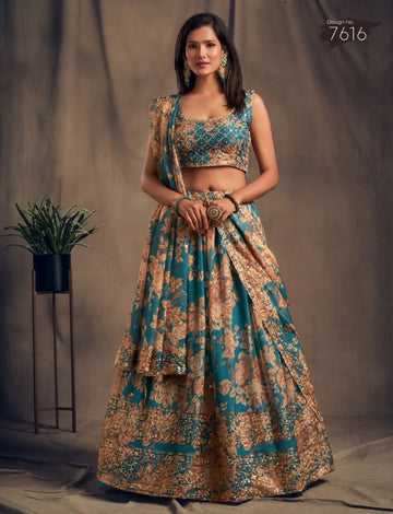 Teal Blue Color Sequins Zari Embroidery Lehenga - Rent