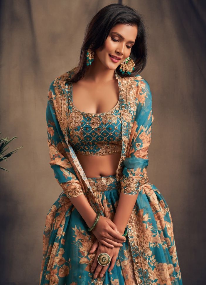 Teal Blue Color Sequins Zari Embroidery Lehenga - Rent