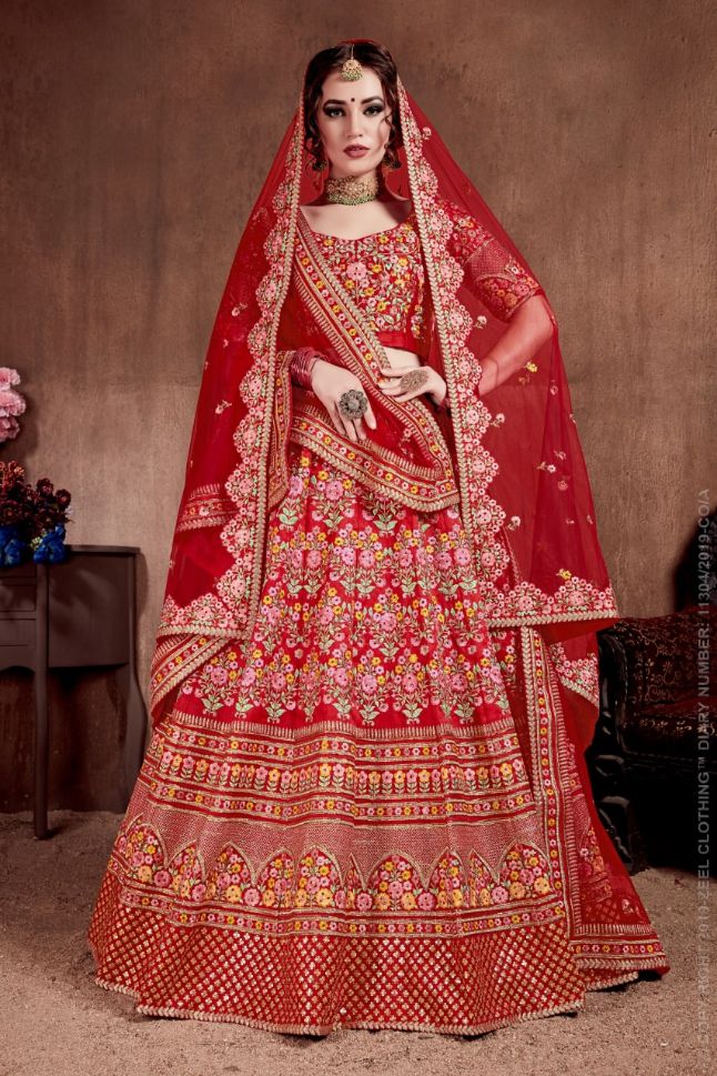 Red Mulberry Silk Sequins Embroidery Lehenga - Rent